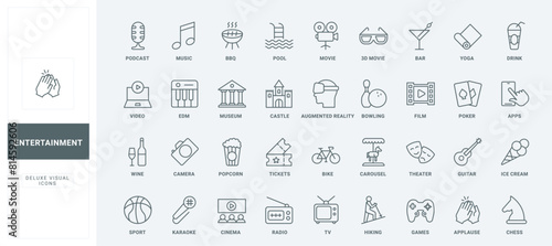 Entertainment and leisure thin black and red line icons set vector illustration. Outline cinema and theater symbols, museum and TV, masks of theater and popcorn for movie, carousel of amusement park