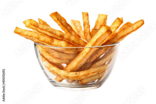 Crunchy Delight: A Glass Overflowing With Golden French Fries. On a White or Clear Surface PNG Transparent Background.