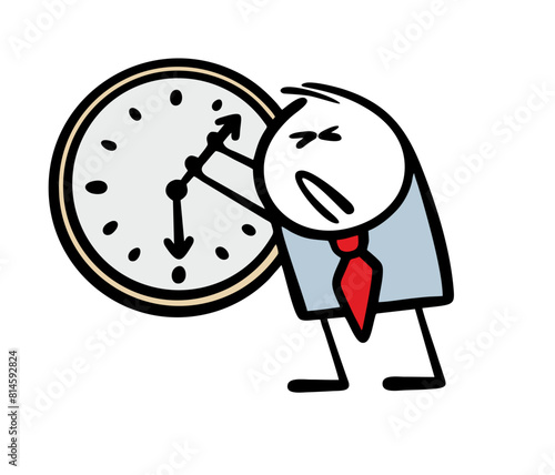 Businessman is trying to stop time. Vector illustration of a man pulling, holding the hands of a large clock. Deadline, does not have time to do the work, earn money, hand over the project. 