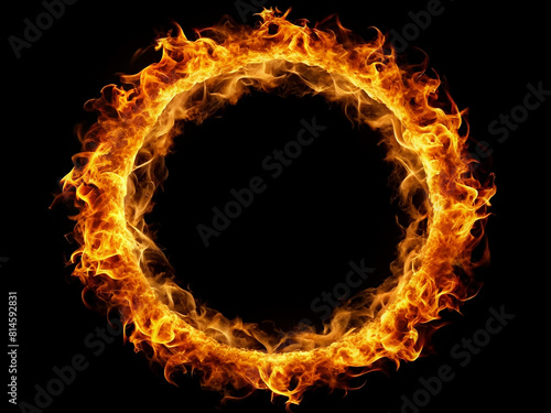circle frame made of burning flames fire in the shape of a circle, isolated on black background	