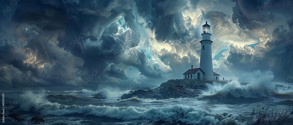 Fototapeta premium A raging storm churns the ocean under a dark sky, with a lone lighthouse standing sentinel on the rocky coast