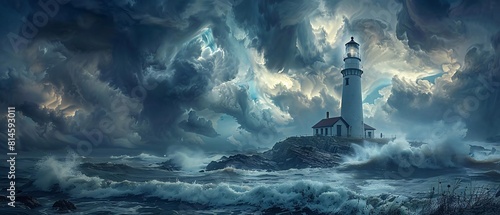 A raging storm churns the ocean under a dark sky, with a lone lighthouse standing sentinel on the rocky coast