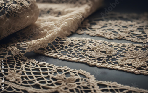 Lace fabric laid flat, showcasing the intricate patterns and transparency photo