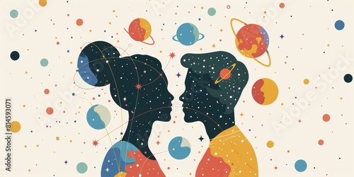 Illustration of astrological compatibility, couple on abstract background