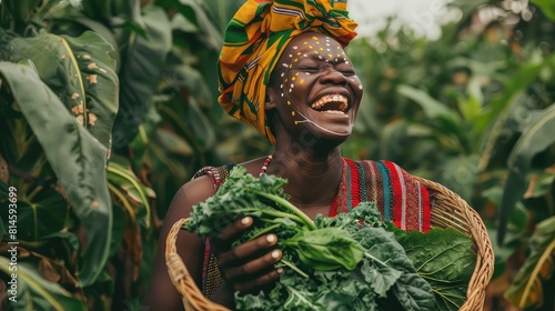 A vibrant image of an adult African woman adorned in traditional attire and face paint, joyfully laughing as she holds a basket filled with freshly harvested vegetables, including spinach.  photo