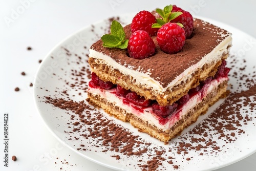 Mouthwatering Tiramisu Cake with Raspberries on White Background