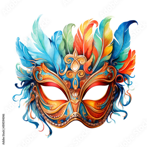 Watercolor PNG Venetian carnival mask on a white transparent background. Symmetrical design with a variety of feathers in red, purple, blue and other vibrant colors creating a vibrant floral pattern.  © DariaBer