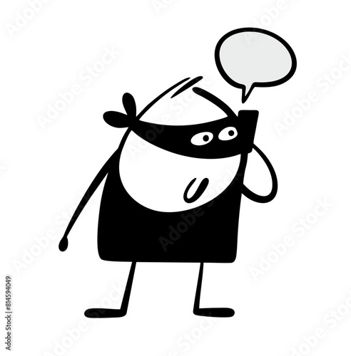 Cunning scammer talks to his victim on the phone, lures out money. Vector illustration of a thief in a black suit and mask uses new technologies. Isolated character on white background.