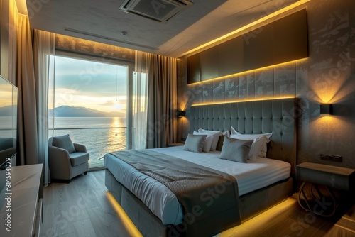 Elegant Bedroom Interior With Double Bed, Night Tables, Armchair And Sea view Through Window © Ahmed
