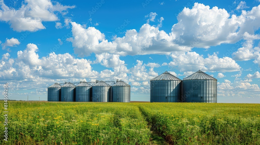 A tranquil countryside setting with grain silos framed by a clear blue sky and fluffy white clouds, evoking a sense of peace and tranquility. A tranquil countryside setting with grain silos framed by a clear blue sky and fluffy white clouds, evoking a sense of peace and tranquility.