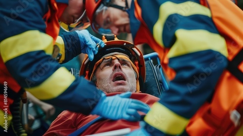 A team of rescuers carefully securing a victim onto an emergency stretcher and immobilizing their neck with a splint before transporting them to the hospital. 