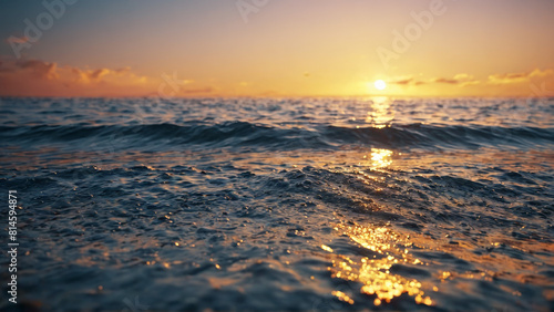Shimmering path of water drops across tranquil sea at sunset guiding light symbolic journey profound