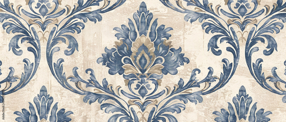 Ornate vintage damask print with detailed design in shades of blue and beige tones.