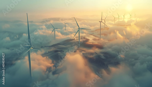 Aerial View of Wind Farm at Sunrise.