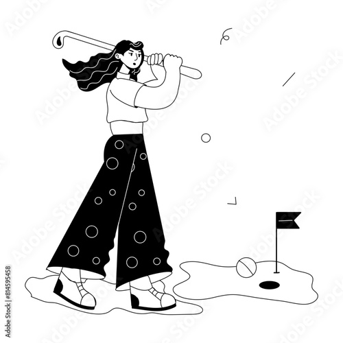 Character based doodle mini illustration of playing golf 