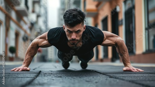 A dynamic image of a man in a black shirt demonstrating push-ups on the street  highlighting his muscular build and dedication to fitness. 