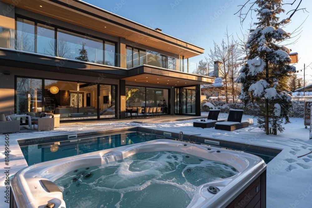 Exterior Of Luxurious Modern Villa With Hot Tub And Swimming Pool In Winter