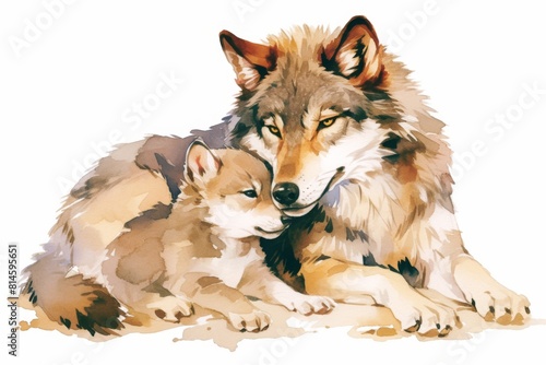 An illustration of mother and baby wolf in watercolor style