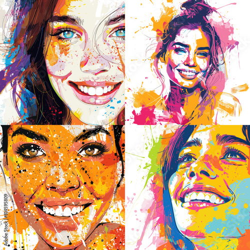 Wallpaper Mural Vivid and colorful portrait illustrations of smiling women with splattered paint effects. Perfect for modern art, creative designs, and vibrant lifestyle themes. Torontodigital.ca
