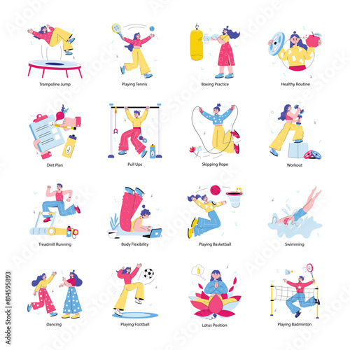 Collection of Fitness Routine Doodle Mini Illustrations

