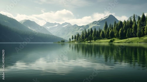 A beautiful natural landscape with a lake and mountains