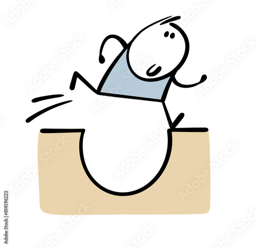 Funny carefree, cheerful stickman easily jumps over a pit on the road. Vector illustration of a boy overcoming an obstacle. Isolated stick figure character on white background.