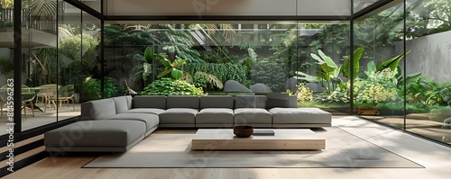 A modern living room featuring a frameless transparent glass wall with views of a lush garden photo