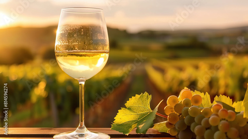 A glass of crisp white wine against a backdrop of vineyards. Generative AI