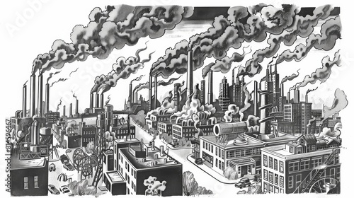 A cartoonish drawing of a factory with a lot of smoke and steam