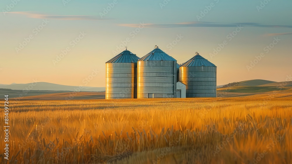 A picturesque scene of grain silos surrounded by golden fields of wheat, capturing the essence of rural farming life in the countryside. A picturesque scene of grain silos surrounded by golden fields of wheat, capturing the essence of rural farming life in the countryside.