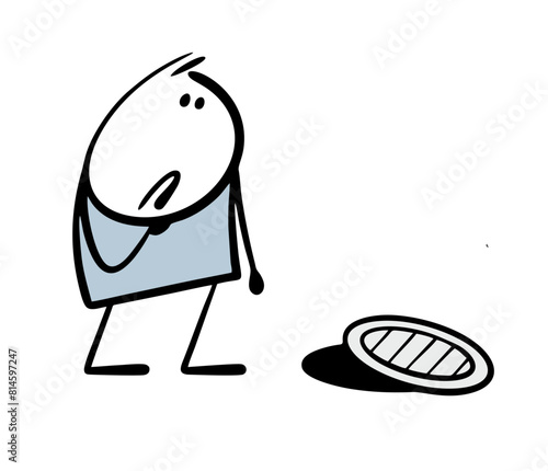 Cartoon stickman looks at the open hatch in confusion. Vector illustration of sad man who met an obstacle on the road. Dangerous hole in the street. Isolated doodle character on white background.