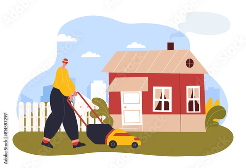 Gardener man mowing lawn mower. Cartoon man cutting grass on backyard of house with equipment. Garden maintenance