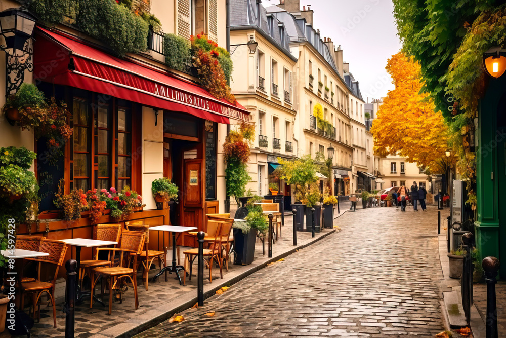 Fototapeta premium Restaurant building with tables chairs on a cobblestone street
