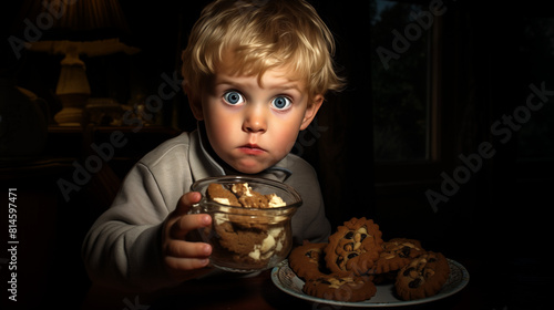 Young child enjoying cookies in the dark  AI-generated.
