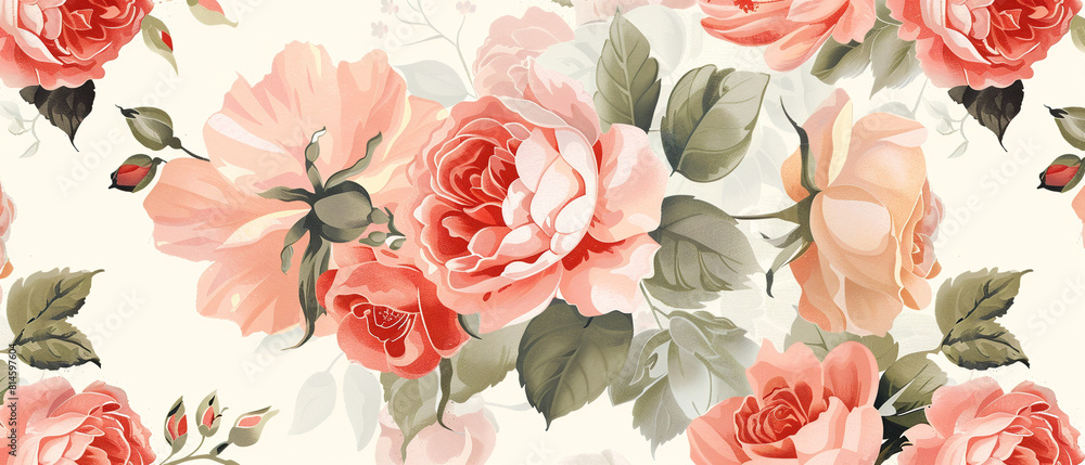 Beautiful vintage style floral print featuring roses and peonies, with a classic elegant design.