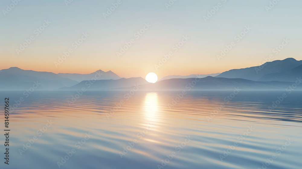Minimalism of a sunset over a calm lake, simple lines and limited color palette highlighting natural beauty