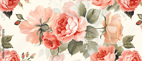 Beautiful vintage style floral print featuring roses and peonies, with a classic elegant design.