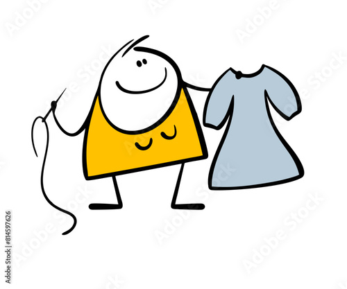 Cheerful seamstress woman holds a new dress and a needle and thread. Vector illustration of a girl sewing fancy clothes. Isolated female person on white background.