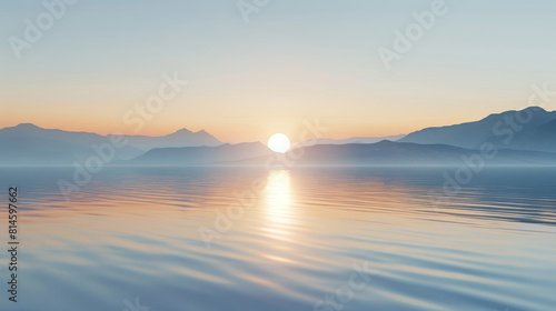 Minimalism of a sunset over a calm lake  simple lines and limited color palette highlighting natural beauty