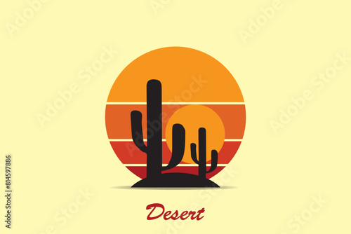 Retro desert logo, Retro Sunset Desert Logo in 80s and 90s style. Abstract sun in the background.
