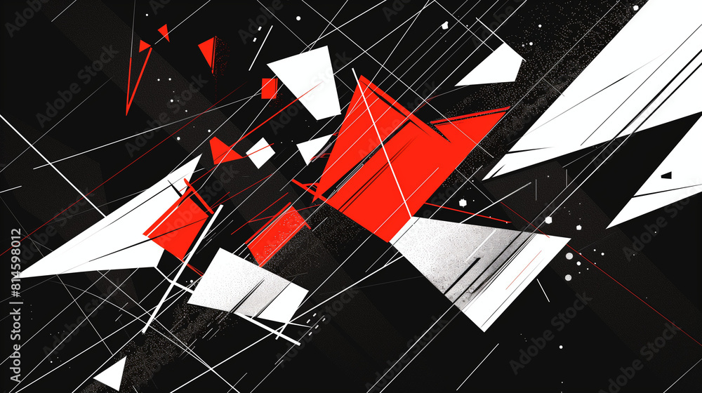 Composición geométrica abstracta con figuras de color rojo sobre fondo negro con lineas blancas Composición geométrica abstracta con figuras de color rojo sobre fondo negro con lineas blancas