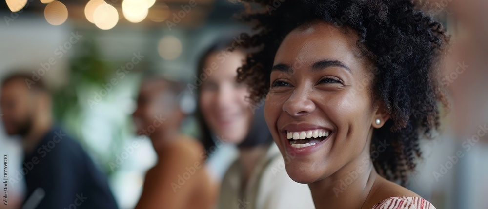 Image of a diverse team of call center employees laughing and smiling during a training session, promoting a positive work culture Image of a diverse team of call center employees laughing and smiling during a training session, promoting a positive work culture