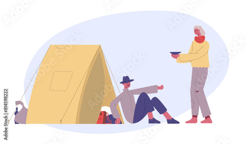 Homeless people donation. Female and male characters begging for money food. Poor woman and man sitting near tent