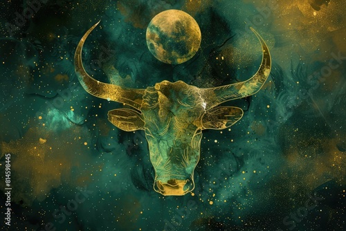 zodiac sign Taurus on an abstract green background, personification of the elements of earth
