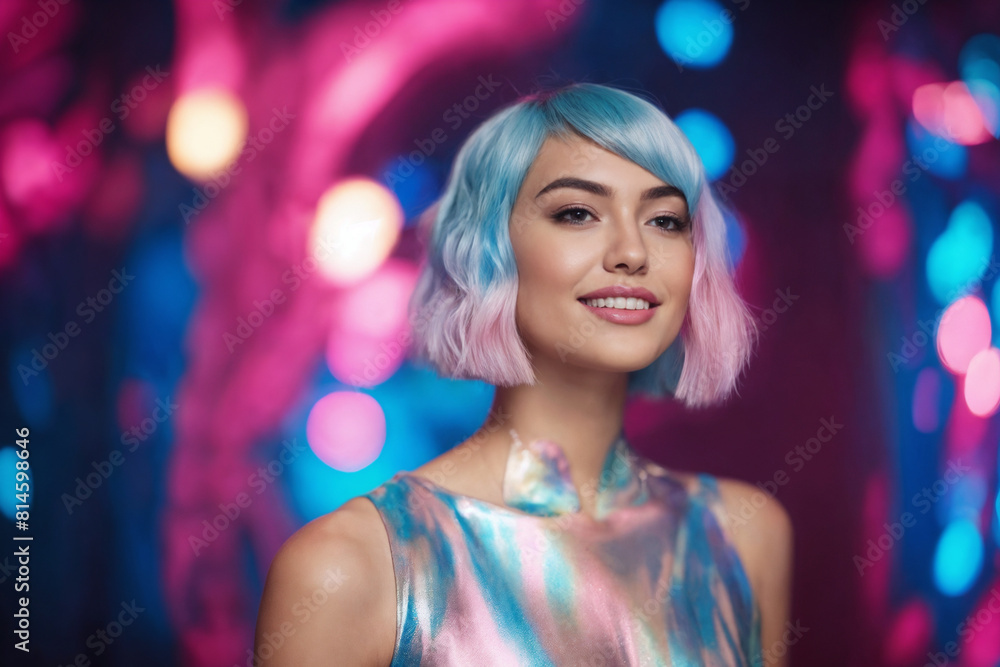 High Fashion model girl in colorful bright neon lights on colourful vivid background High Fashion model girl in colorful bright neon lights on colourful vivid background