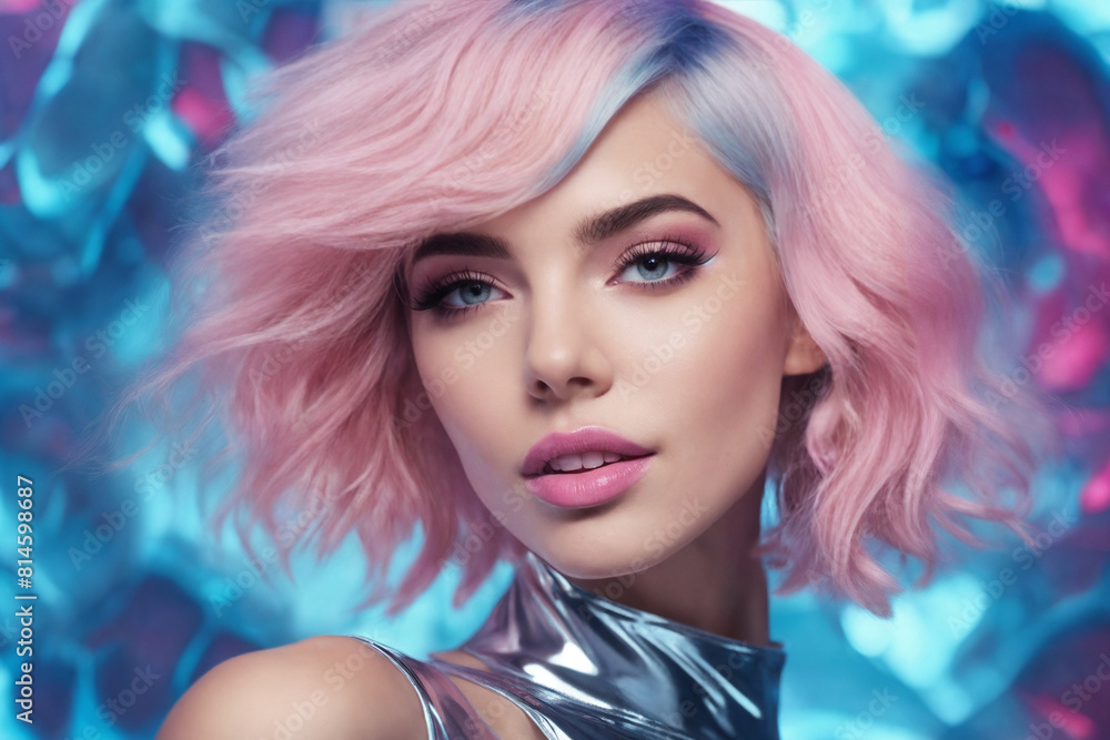 High Fashion model girl in colorful bright neon lights on colourful vivid background High Fashion model girl in colorful bright neon lights on colourful vivid background