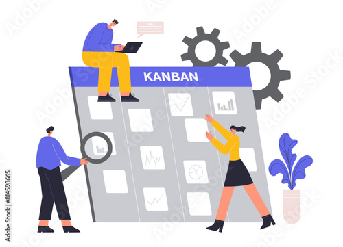 Kanban board concept. Cartoon employees assigning tasks for team members. Business management, colleagues working