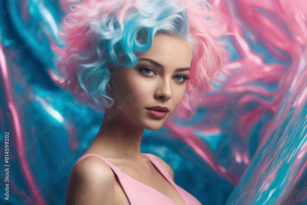 High Fashion model girl in colorful bright neon lights on colourful vivid background High Fashion model girl in colorful bright neon lights on colourful vivid background