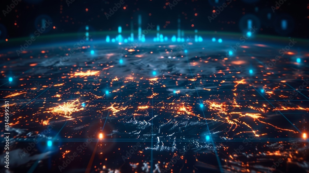 Fototapeta premium A digital world map with glowing lines representing global communication channels