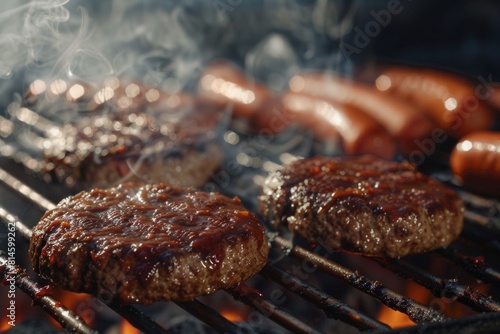 Close-up of juicy burgers and hot dogs grilling on the BBQ, with smoke rising in the background at a backyard party.